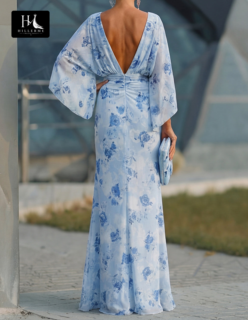 Scoop-Neck Half-Sleeve Print Satin Pleated Floor-Length Mermaid Mother of the Bride Dress