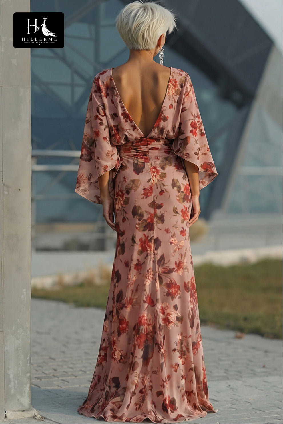 Scoop-Neck Half-Sleeve Print Satin Pleated Floor-Length Mermaid Mother of the Bride Dress
