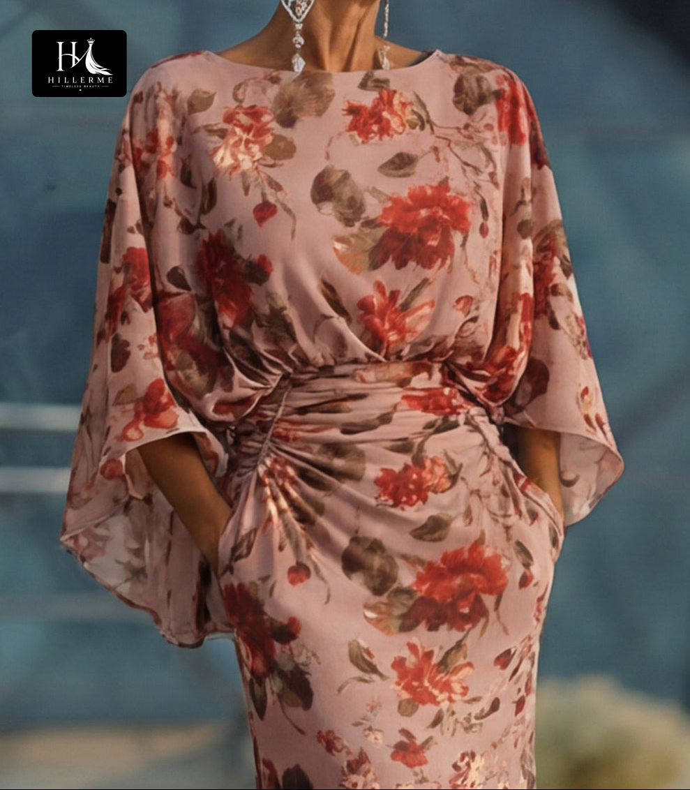 Scoop-Neck Half-Sleeve Print Satin Pleated Floor-Length Mermaid Mother of the Bride Dress