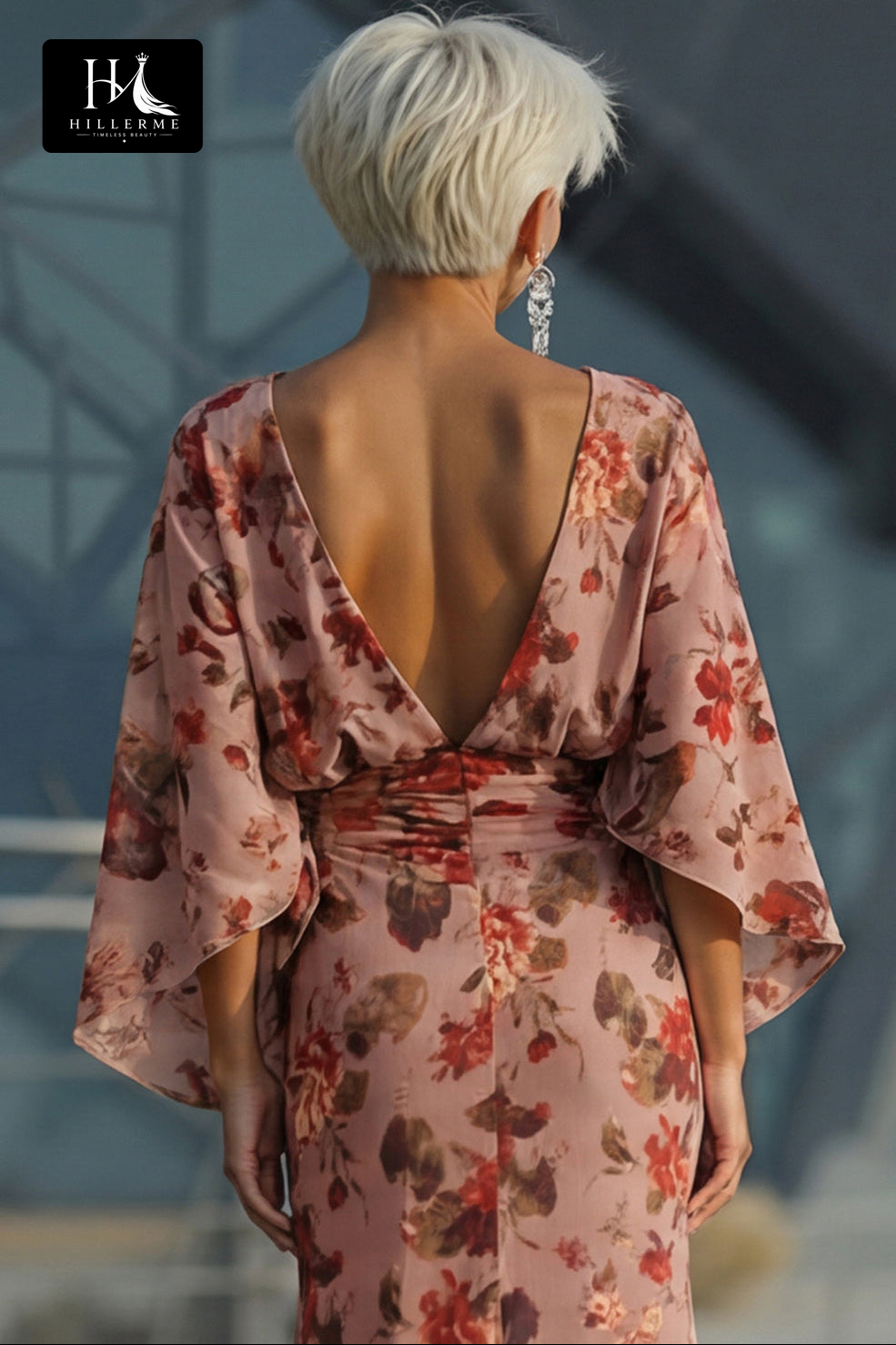 Scoop-Neck Half-Sleeve Print Satin Pleated Floor-Length Mermaid Mother of the Bride Dress