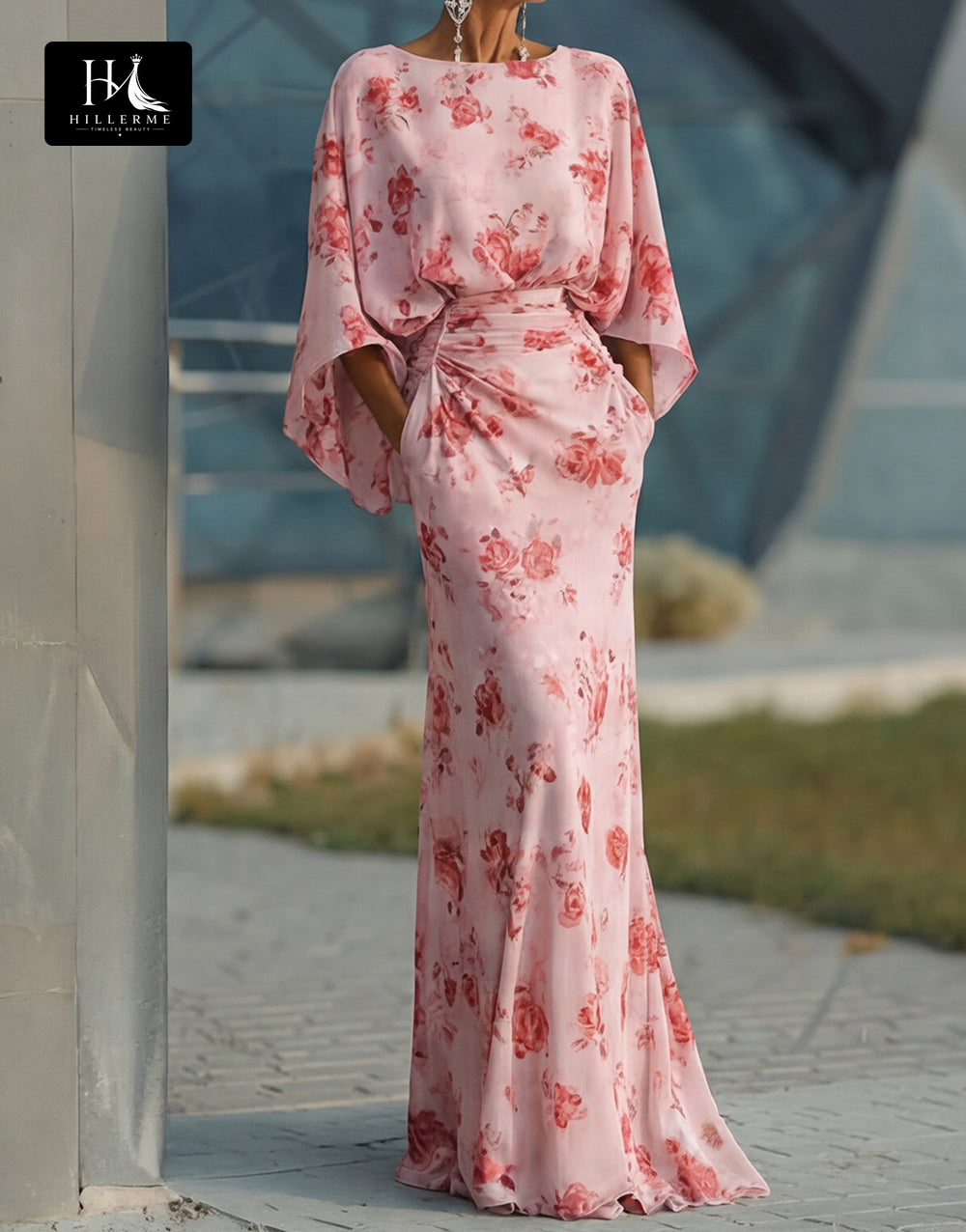 Scoop-Neck Half-Sleeve Print Satin Pleated Floor-Length Mermaid Mother of the Bride Dress