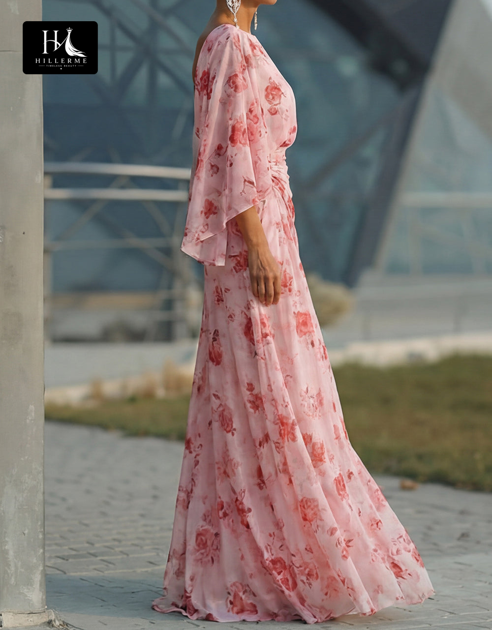 Scoop-Neck Half-Sleeve Print Satin Pleated Floor-Length Mermaid Mother of the Bride Dress
