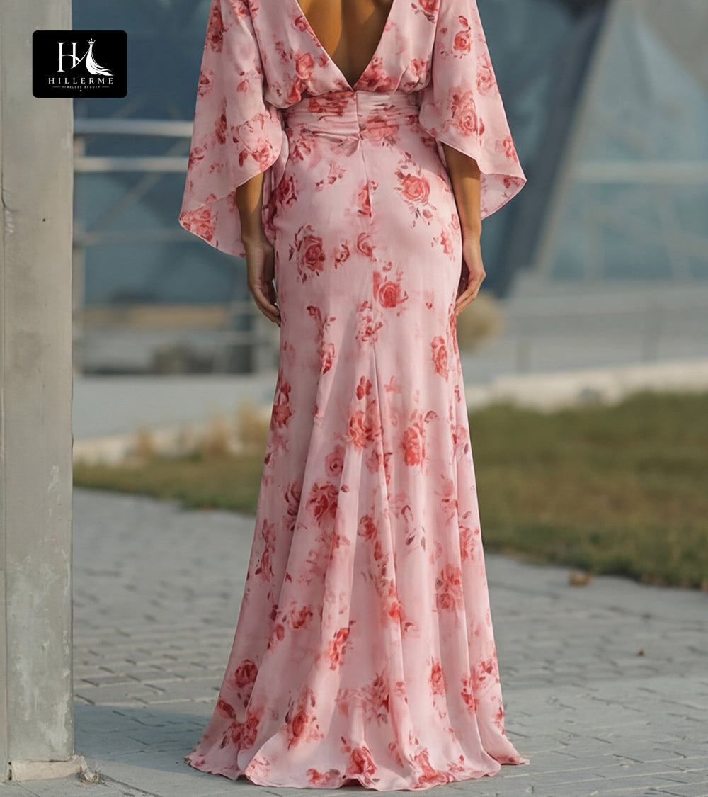 Scoop-Neck Half-Sleeve Print Satin Pleated Floor-Length Mermaid Mother of the Bride Dress