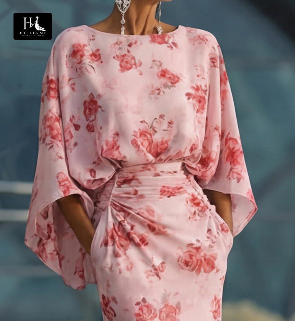 Scoop-Neck Half-Sleeve Print Satin Pleated Floor-Length Mermaid Mother of the Bride Dress