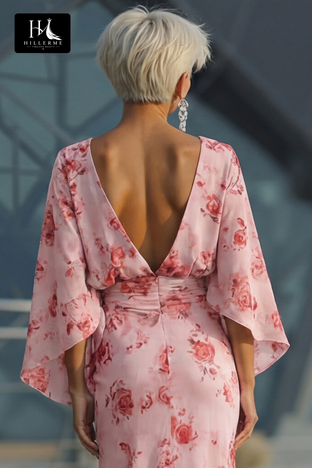 Scoop-Neck Half-Sleeve Print Satin Pleated Floor-Length Mermaid Mother of the Bride Dress