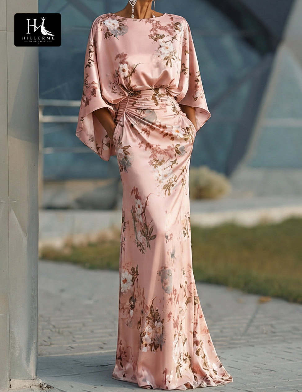 Scoop-Neck Half-Sleeve Print Satin Pleated Floor-Length Mermaid Mother of the Bride Dress