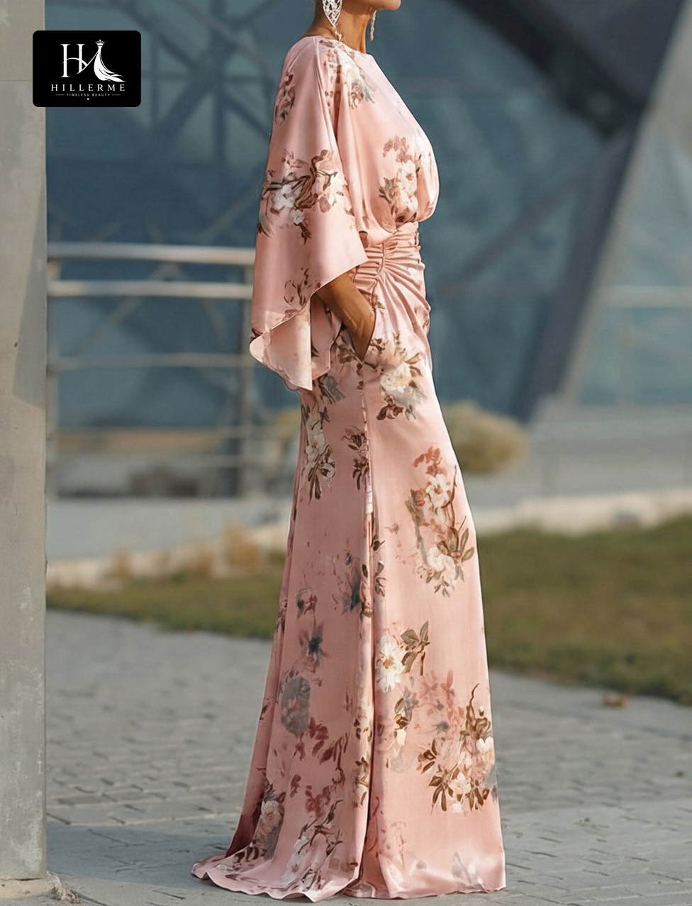 Scoop-Neck Half-Sleeve Print Satin Pleated Floor-Length Mermaid Mother of the Bride Dress