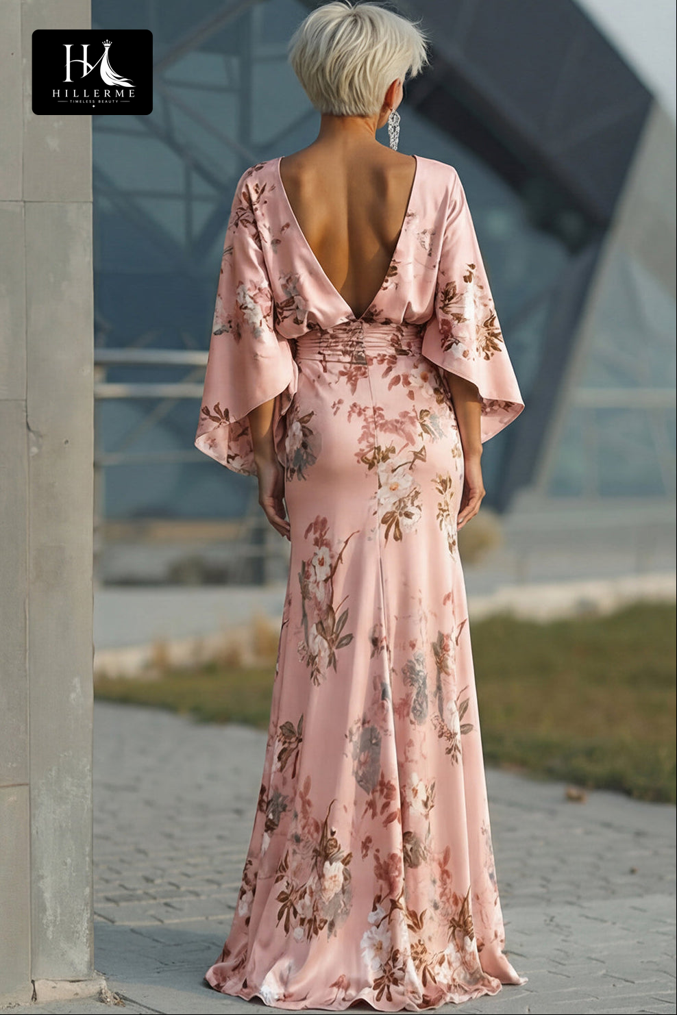 Scoop-Neck Half-Sleeve Print Satin Pleated Floor-Length Mermaid Mother of the Bride Dress