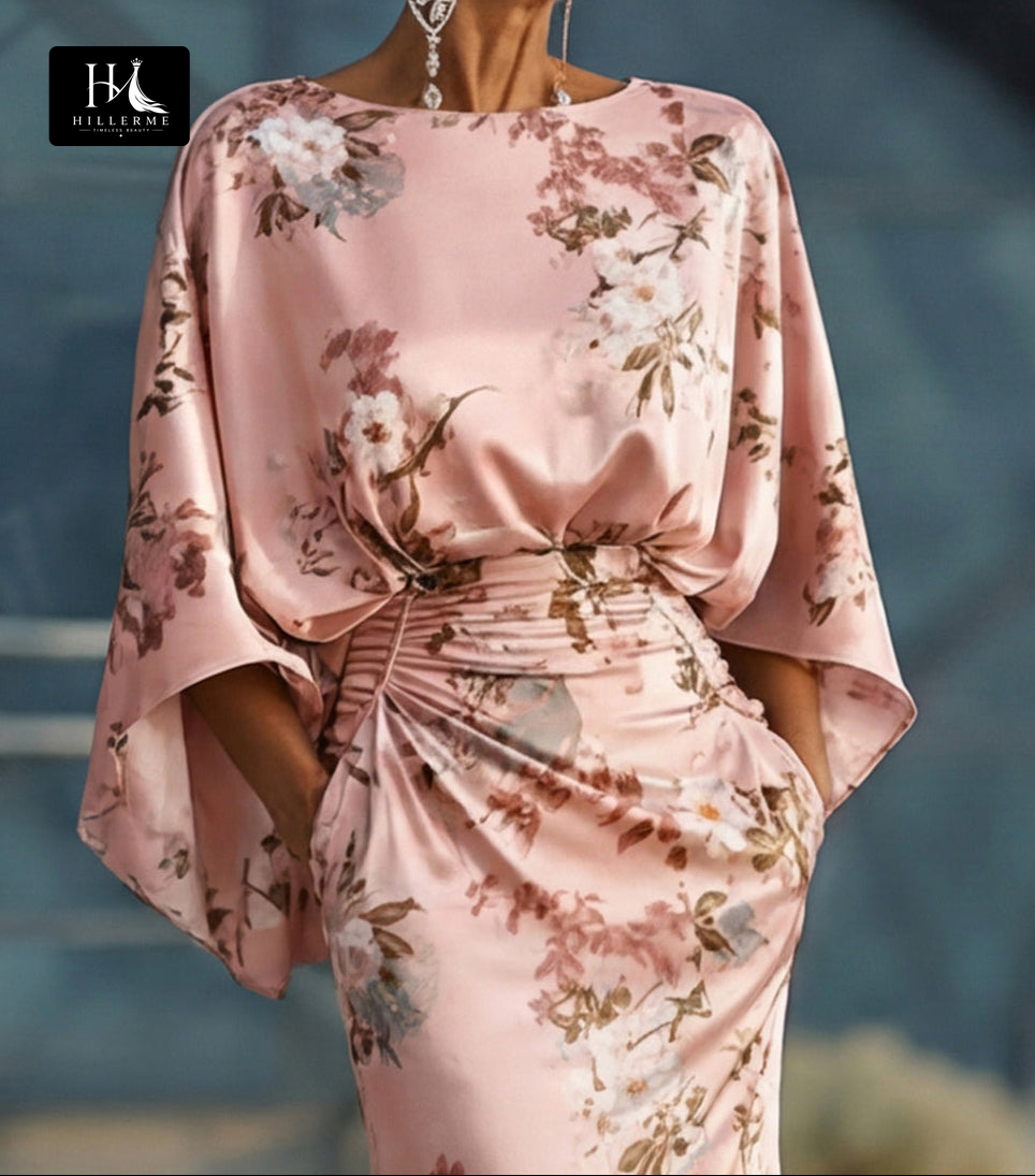 Scoop-Neck Half-Sleeve Print Satin Pleated Floor-Length Mermaid Mother of the Bride Dress