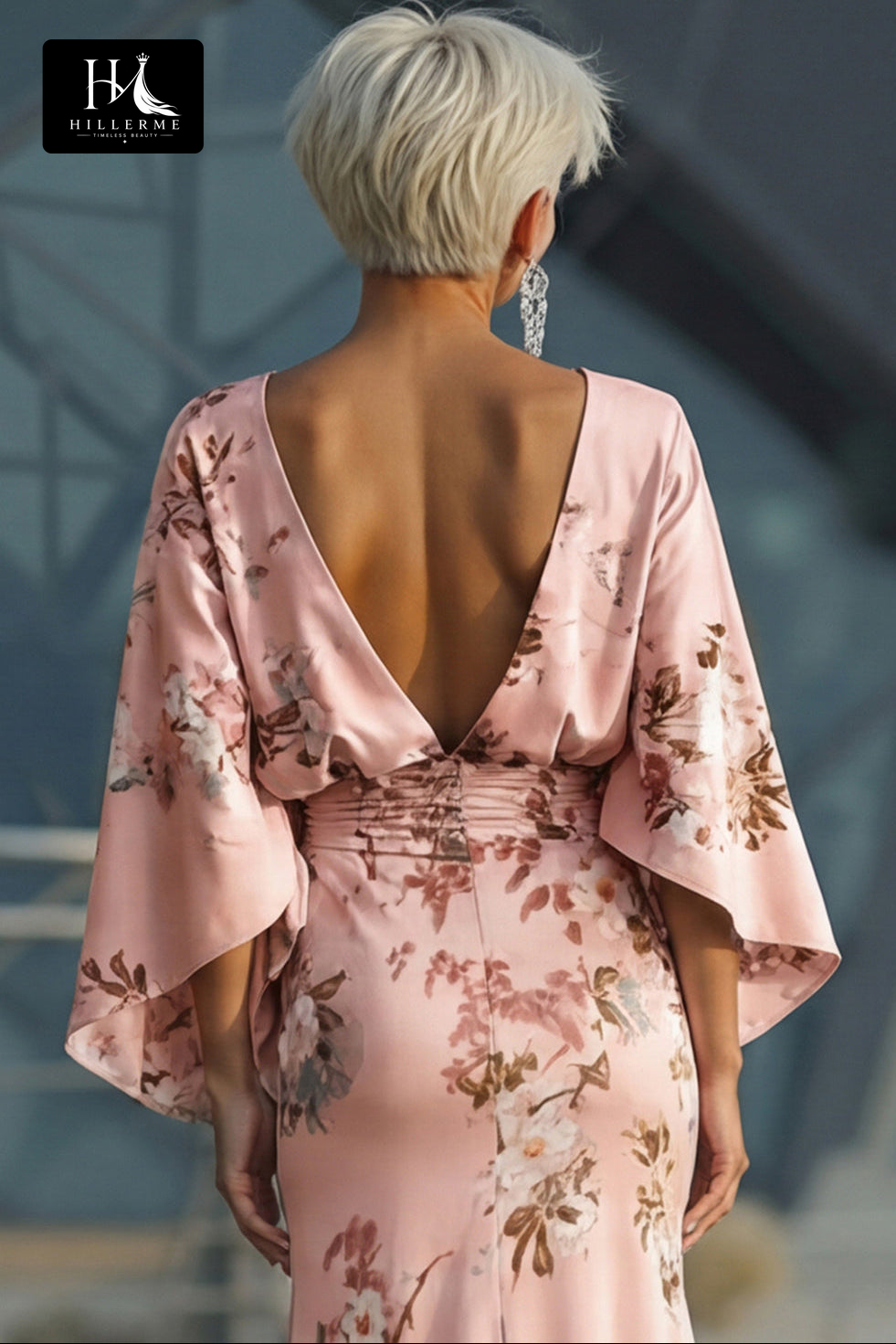Scoop-Neck Half-Sleeve Print Satin Pleated Floor-Length Mermaid Mother of the Bride Dress