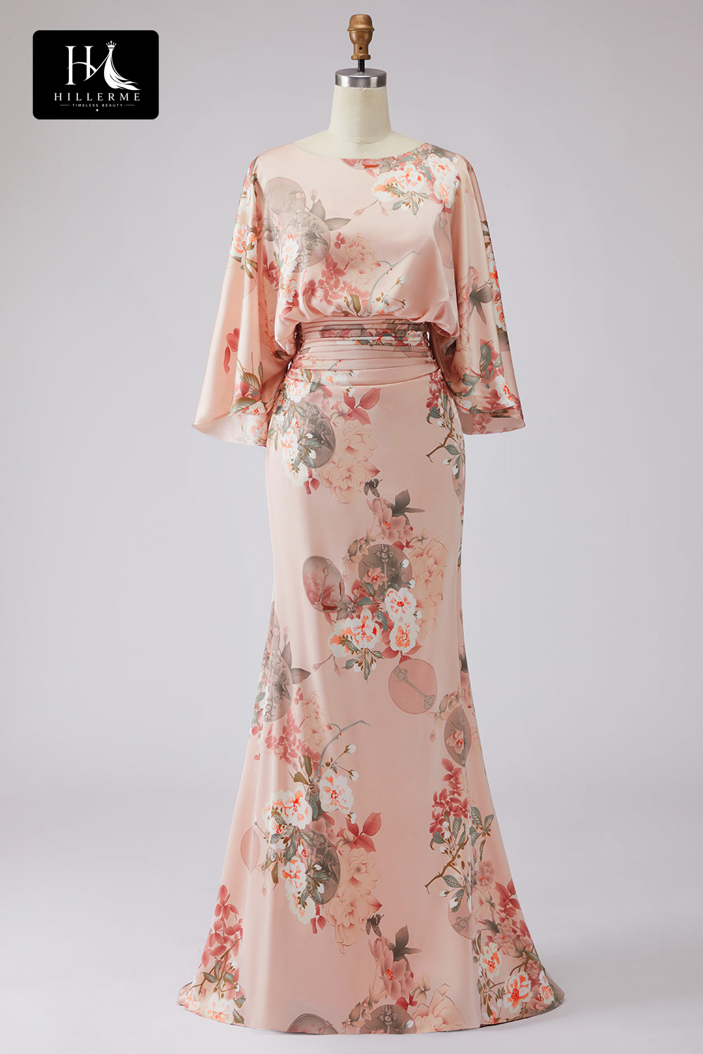 Scoop-Neck Half-Sleeve Print Satin Pleated Floor-Length Mermaid Mother of the Bride Dress