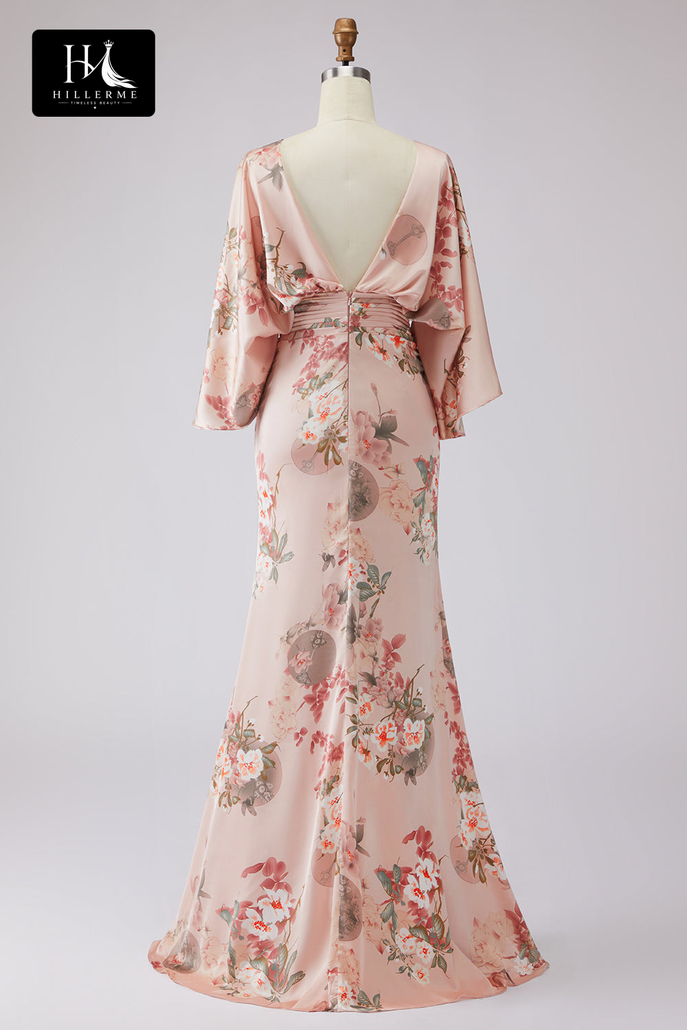 Scoop-Neck Half-Sleeve Print Satin Pleated Floor-Length Mermaid Mother of the Bride Dress