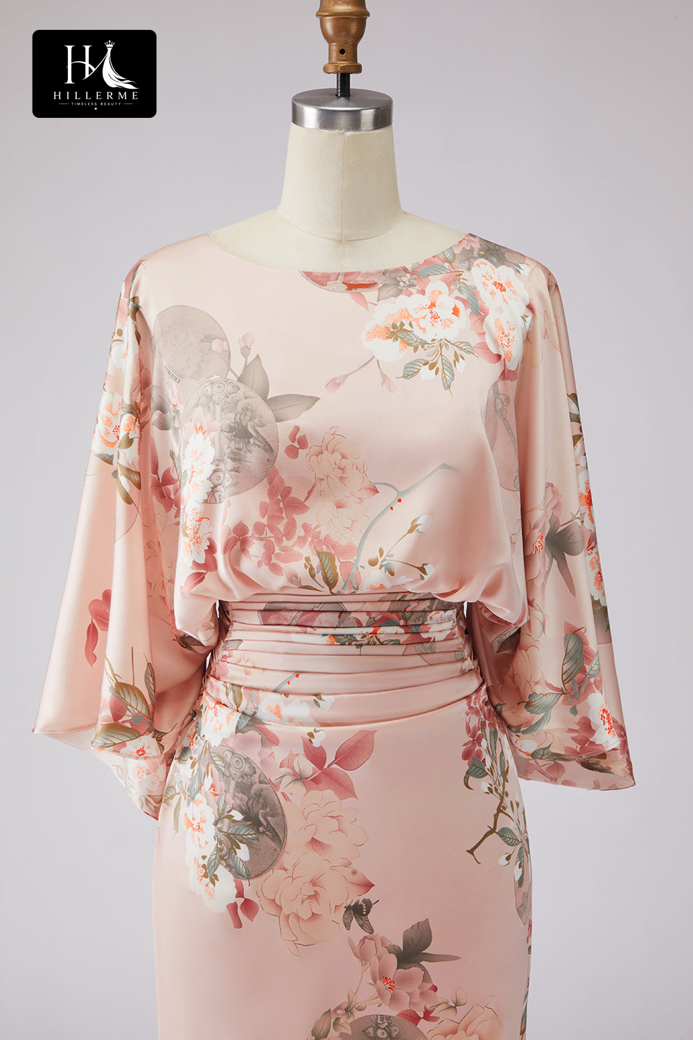 Scoop-Neck Half-Sleeve Print Satin Pleated Floor-Length Mermaid Mother of the Bride Dress