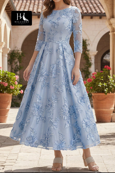 A-Line Scoop-Neck Mother of the Bride Dress with 3/4 Sleeves and Ankle-Length Jacquard Tulle Pleats