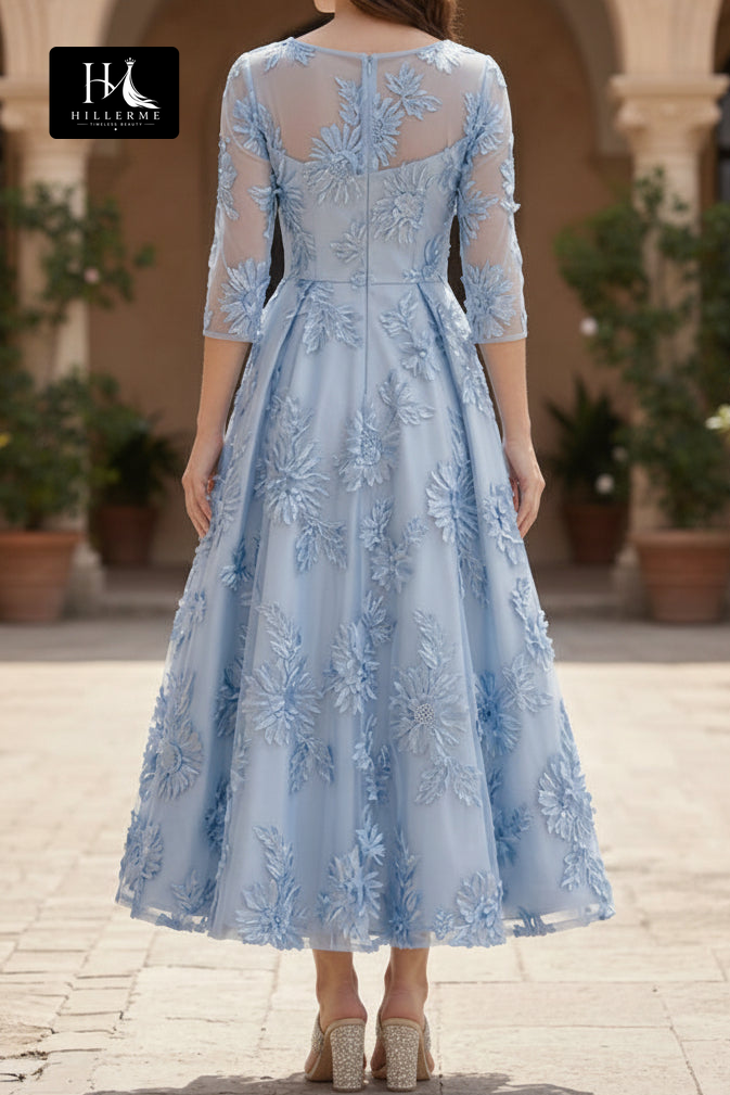 A-Line Scoop-Neck Mother of the Bride Dress with 3/4 Sleeves and Ankle-Length Jacquard Tulle Pleats