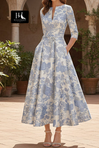 Scoop-Neck 3/4-Sleeve Jacquard Satin Pleated A-Line Ankle-Length Mother of the Bride Dress