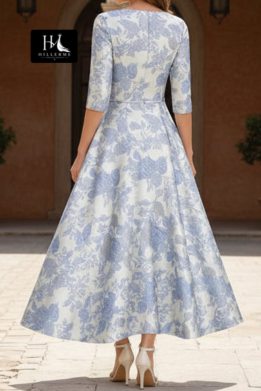 Scoop-Neck 3/4-Sleeve Jacquard Satin Pleated A-Line Ankle-Length Mother of the Bride Dress