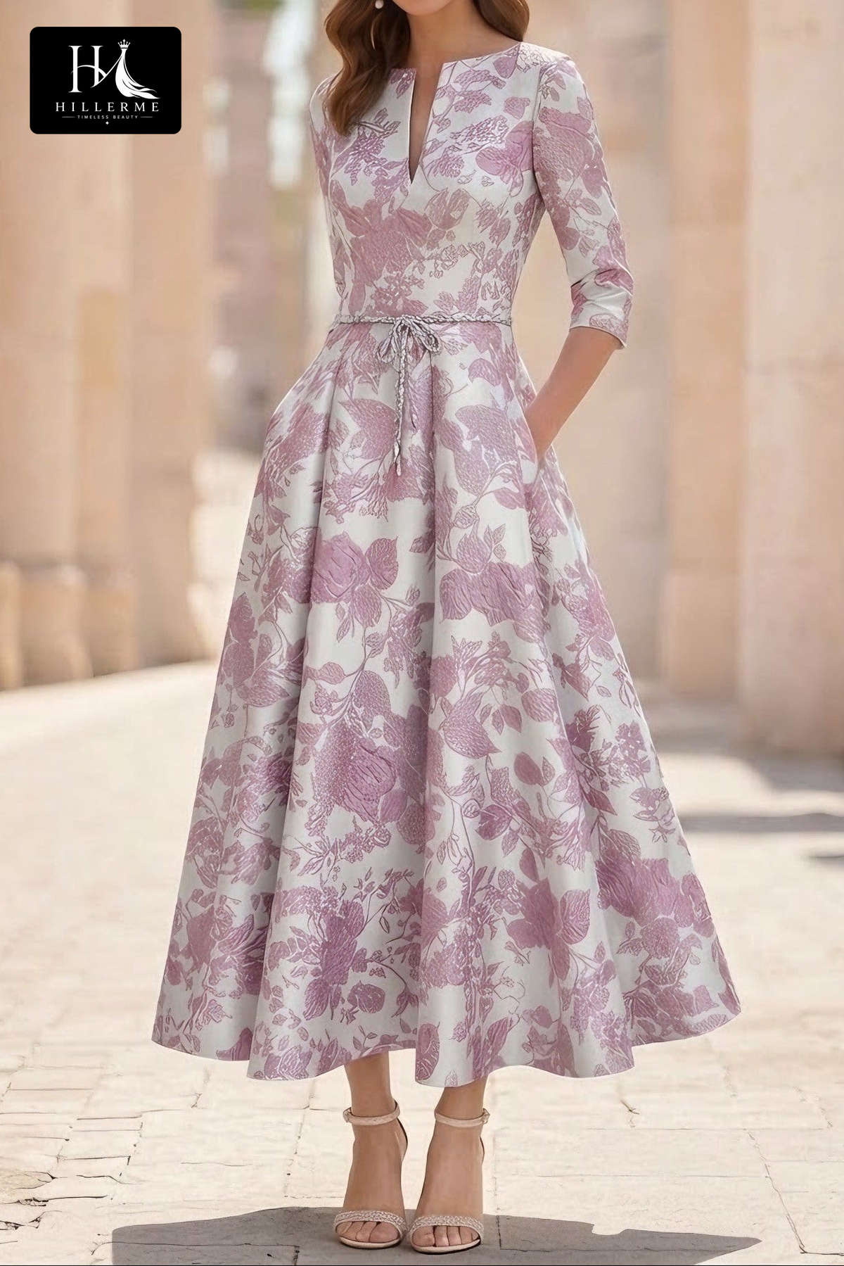 Scoop-Neck 3/4-Sleeve Jacquard Satin Pleated A-Line Ankle-Length Mother of the Bride Dress