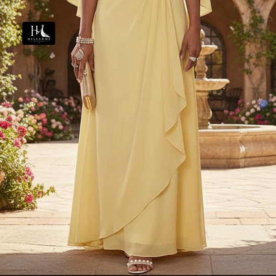 Strapless Scoop-Neck A-Line Mother of the Bride Dress with Cape Sleeves and Pleated Jacquard Chiffon
