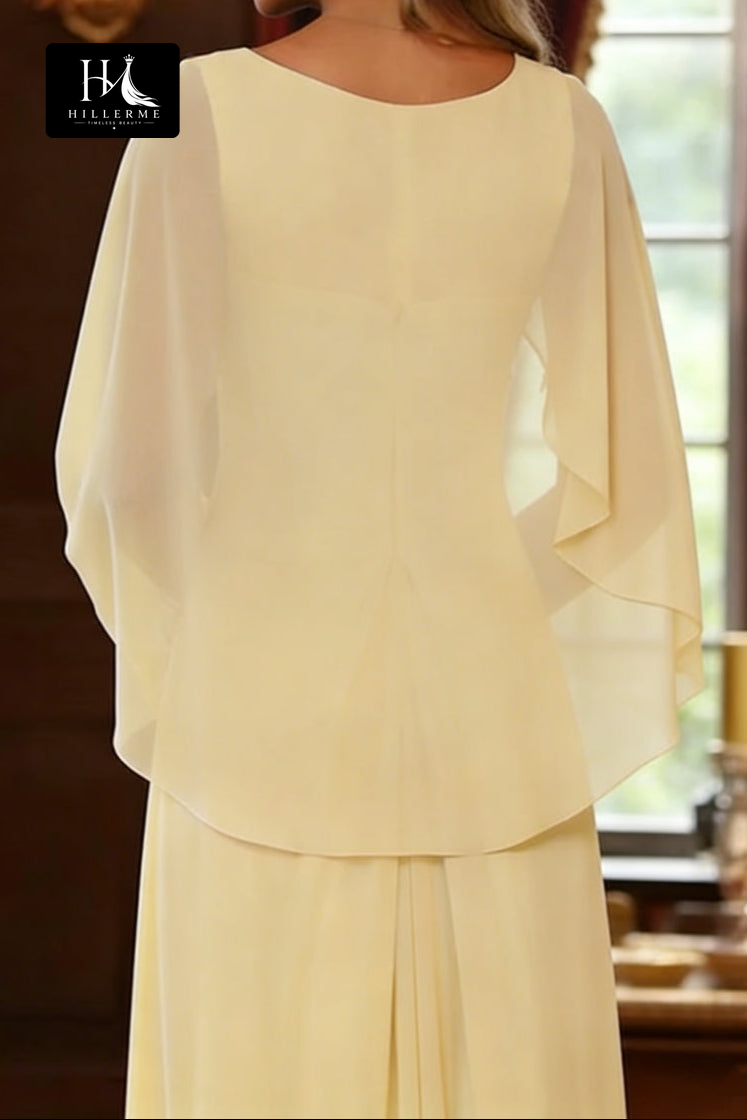 Strapless Scoop-Neck A-Line Mother of the Bride Dress with Cape Sleeves and Pleated Jacquard Chiffon