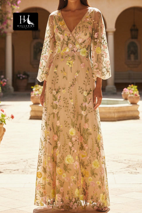 V-Neck Long Sleeve Floor-Length Jacquard Tulle Pleated A-Line Mother of the Bride Dress