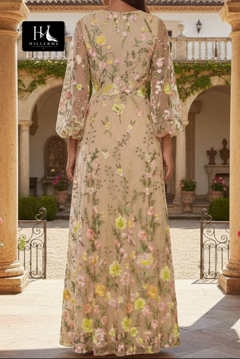 V-Neck Long Sleeve Floor-Length Jacquard Tulle Pleated A-Line Mother of the Bride Dress
