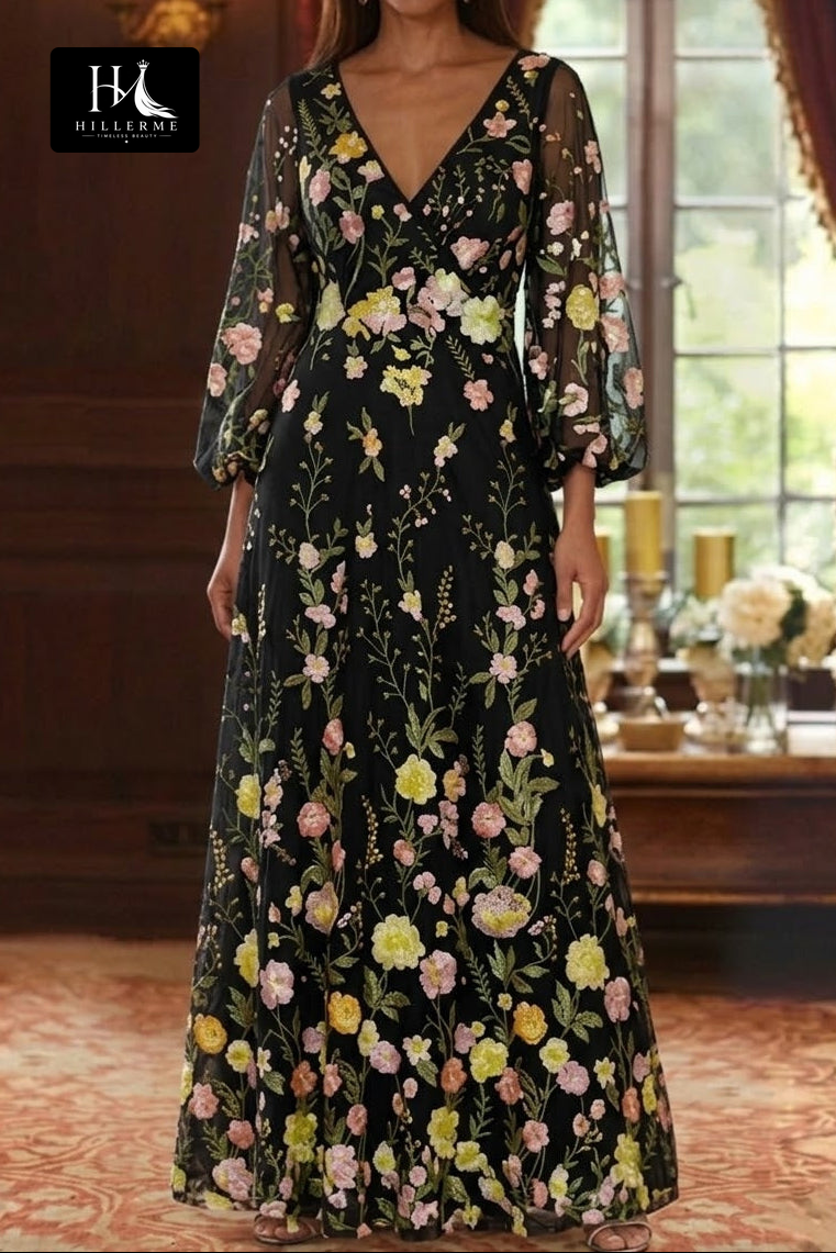 V-Neck Long Sleeve Floor-Length Jacquard Tulle Pleated A-Line Mother of the Bride Dress
