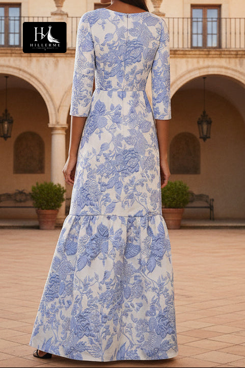 Floor-Length A-Line Mother of the Bride Dress with Scoop Neck and 3/4 Sleeves in Jacquard Satin