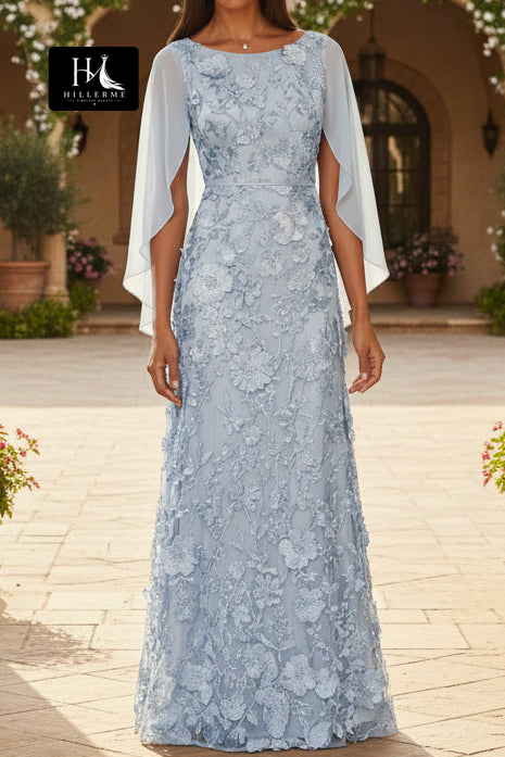 Floor-Length A-Line Mother of the Bride Dress with Scoop Neck and Cape Sleeves in Jacquard Chiffon