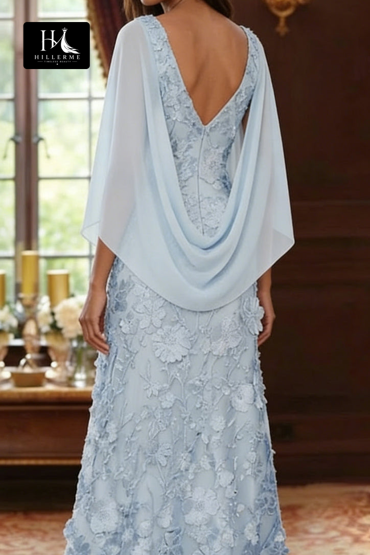 Floor-Length A-Line Mother of the Bride Dress with Scoop Neck and Cape Sleeves in Jacquard Chiffon