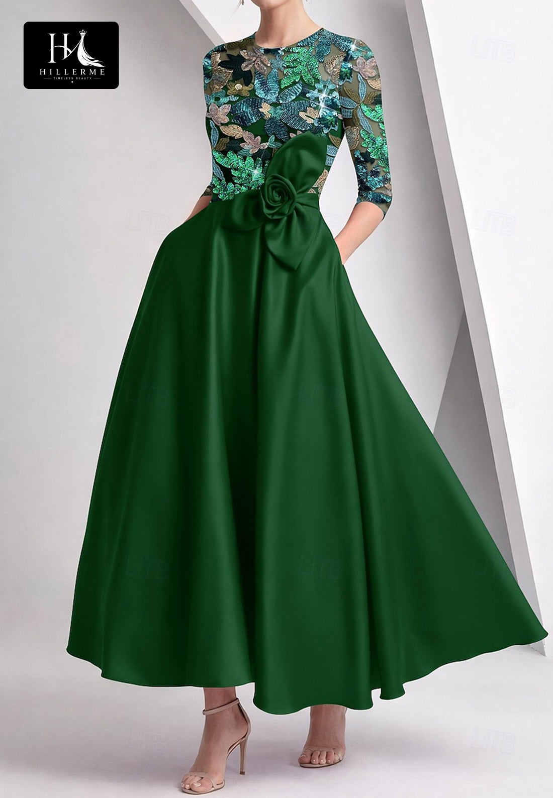 Strapless Scoop-Neck Sequined Satin & Tulle Ankle-Length A-Line Mother of the Bride Gown