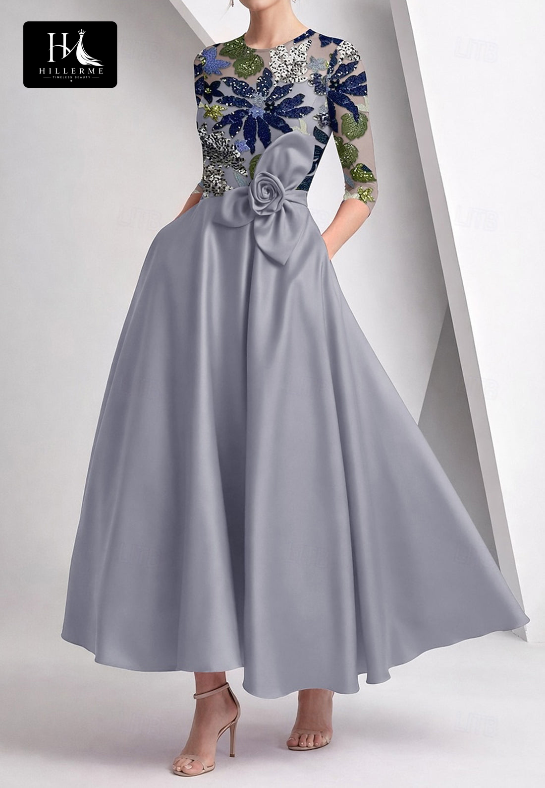 Strapless Scoop-Neck Sequined Satin & Tulle Ankle-Length A-Line Mother of the Bride Gown