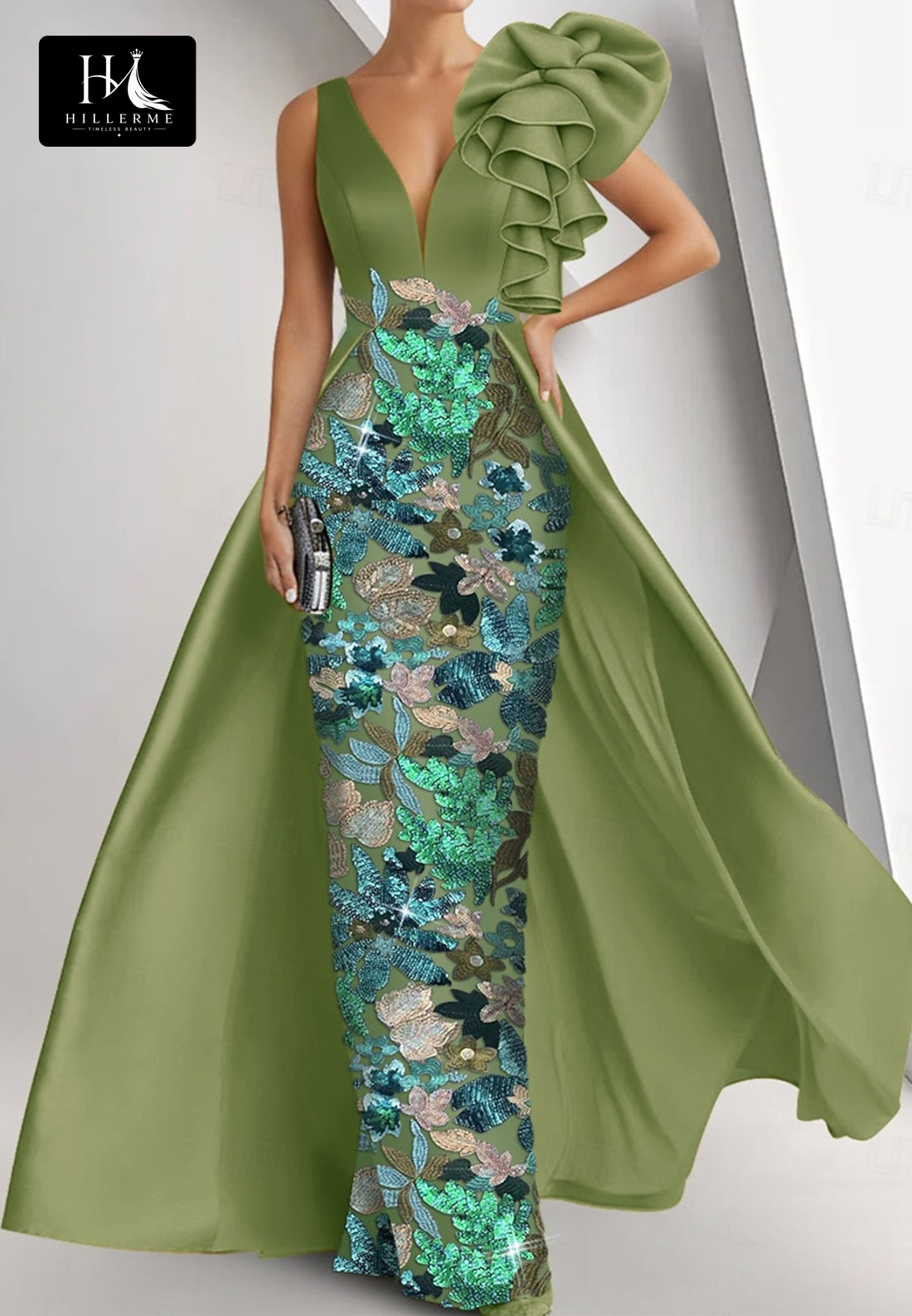 Sleeveless Mermaid Mother of the Bride Dress with Deep V-Neck, Sequined Ruffles, Satin & Tulle
