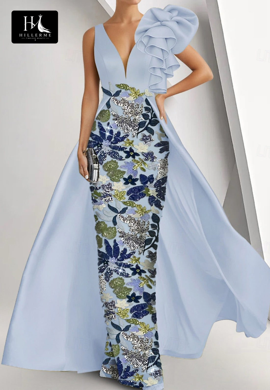 Sleeveless Mermaid Mother of the Bride Dress with Deep V-Neck, Sequined Ruffles, Satin & Tulle