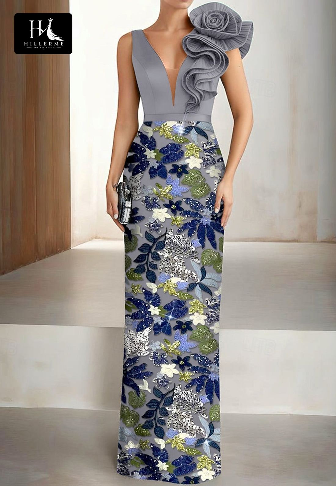 Adjustable Straps Deep V-Neck Sequined Ruffled Satin & Tulle Mermaid Mother of the Bride Dress