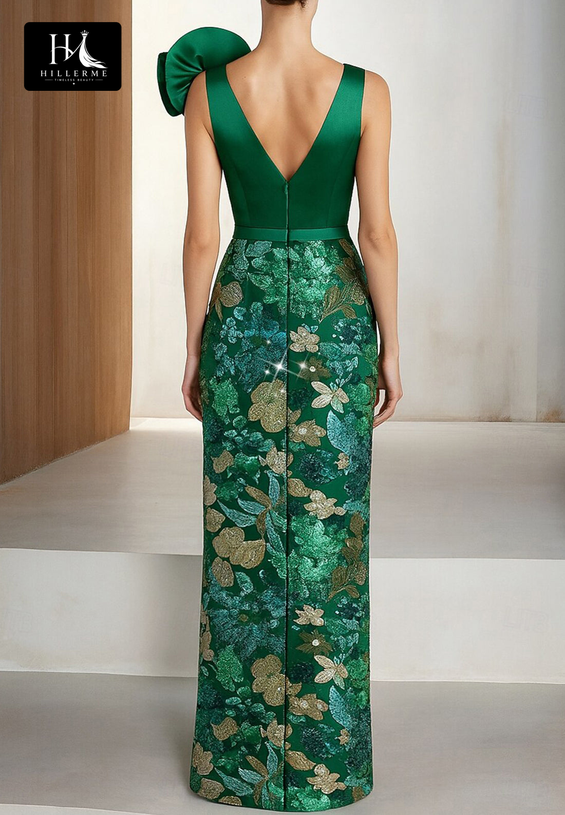 Adjustable Straps Deep V-Neck Sequined Ruffled Satin & Tulle Mermaid Mother of the Bride Dress