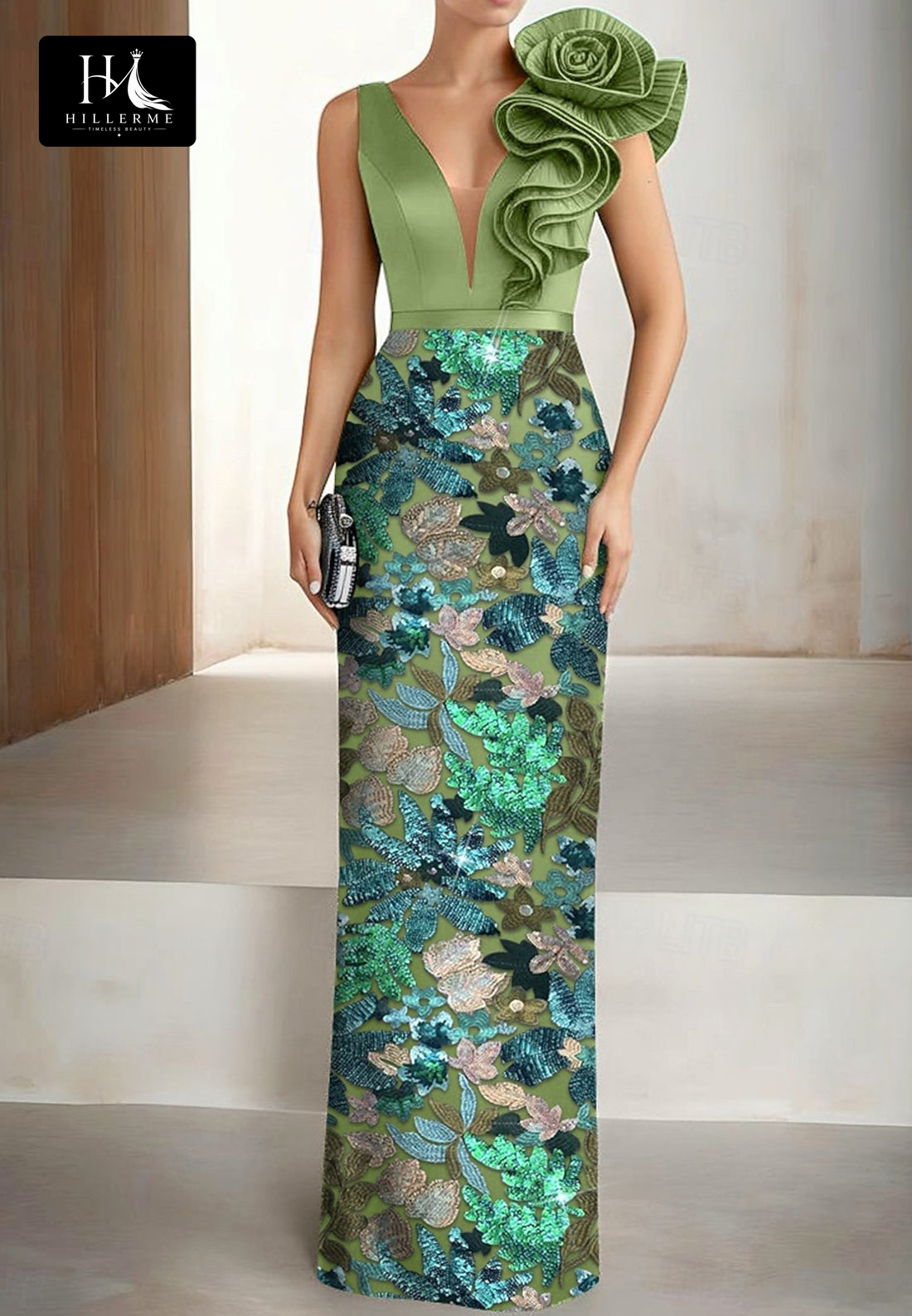 Adjustable Straps Deep V-Neck Sequined Ruffled Satin & Tulle Mermaid Mother of the Bride Dress