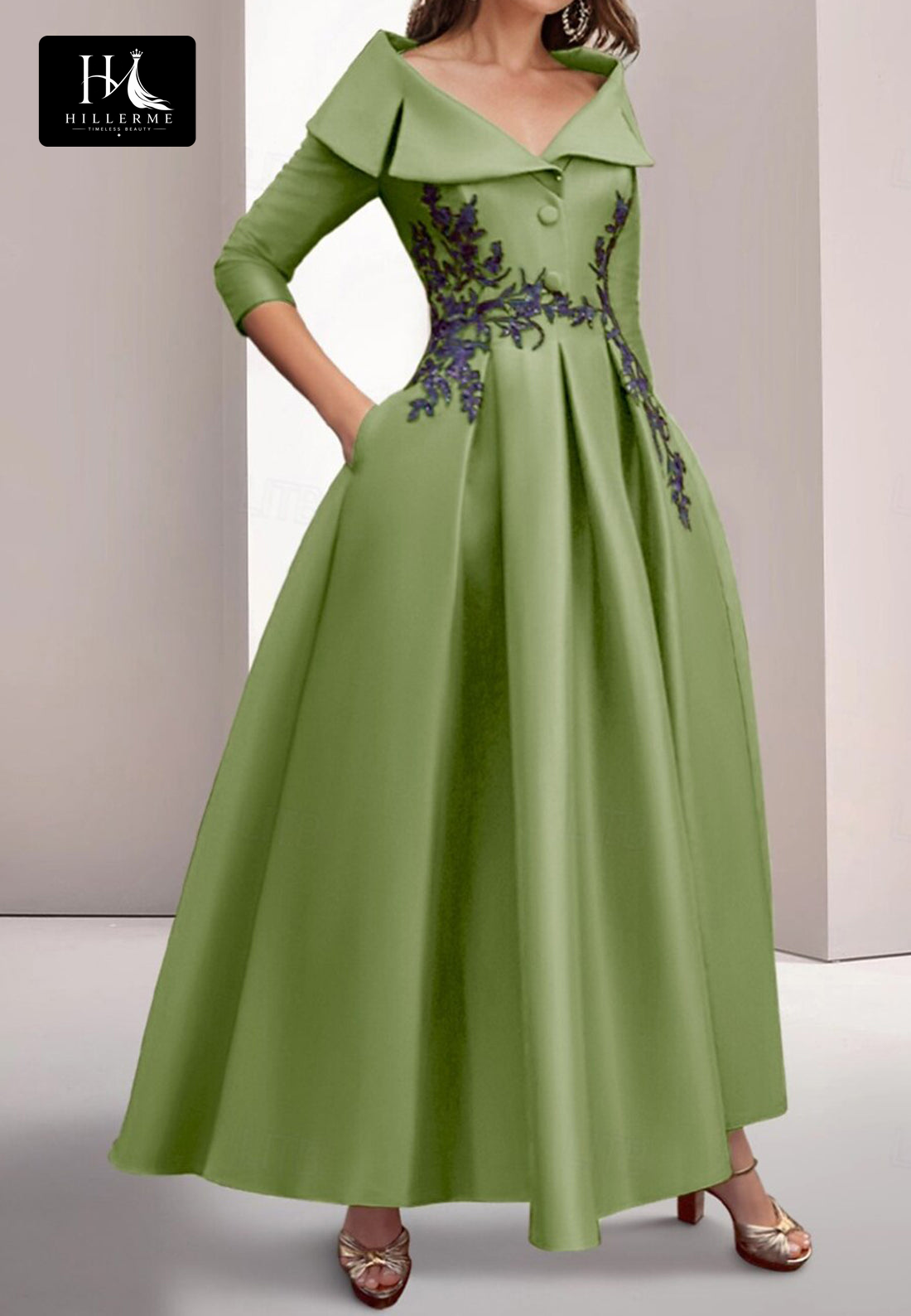 Sequined Appliqué Satin A-Line Mother of the Bride Dress with Collared 3/4 Sleeves and Ankle-Length Silhouette