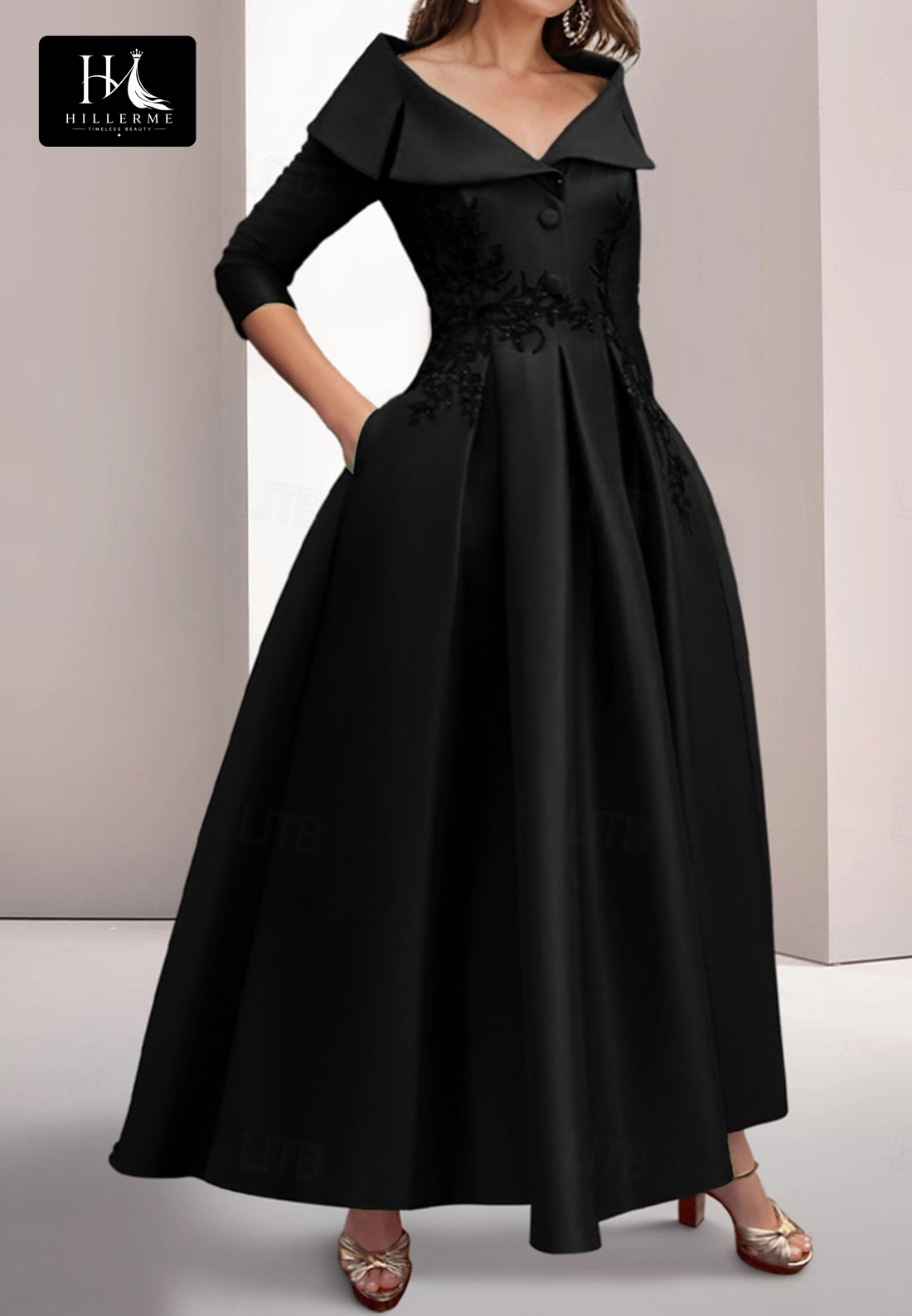 Sequined Appliqué Satin A-Line Mother of the Bride Dress with Collared 3/4 Sleeves and Ankle-Length Silhouette