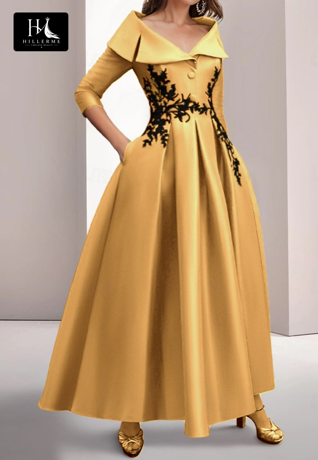 Sequined Appliqué Satin A-Line Mother of the Bride Dress with Collared 3/4 Sleeves and Ankle-Length Silhouette