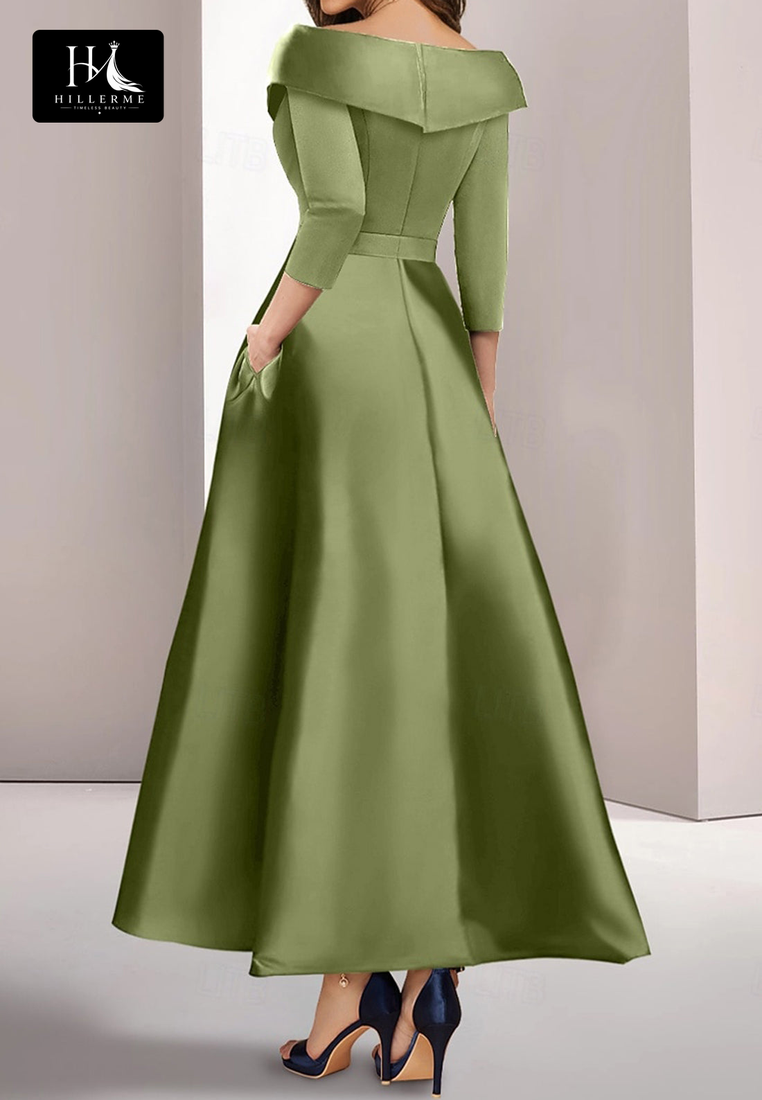 Sequined Appliqué Satin A-Line Mother of the Bride Dress with Collared 3/4 Sleeves and Ankle-Length Silhouette