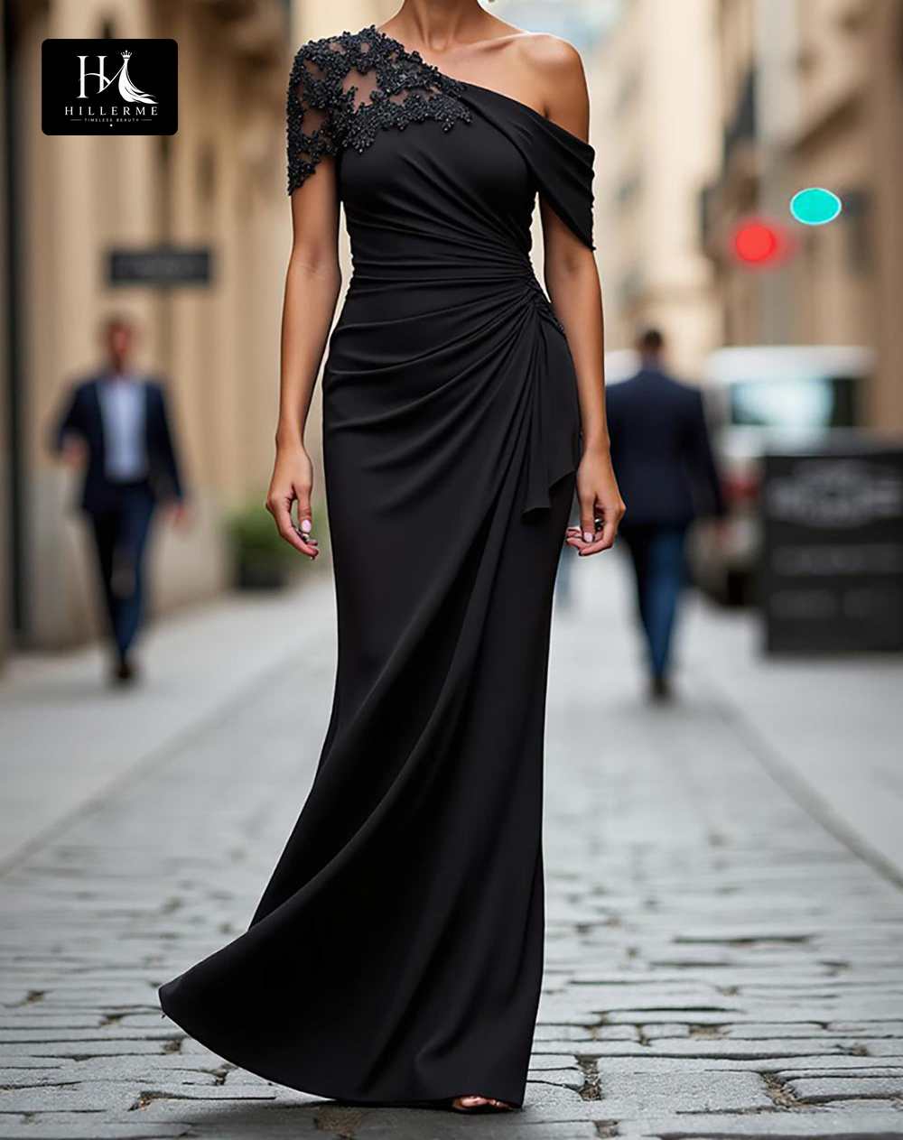 Floor-Length Mermaid Mother of the Bride Dress with Asymmetrical Neckline and Beaded Satin Pleats