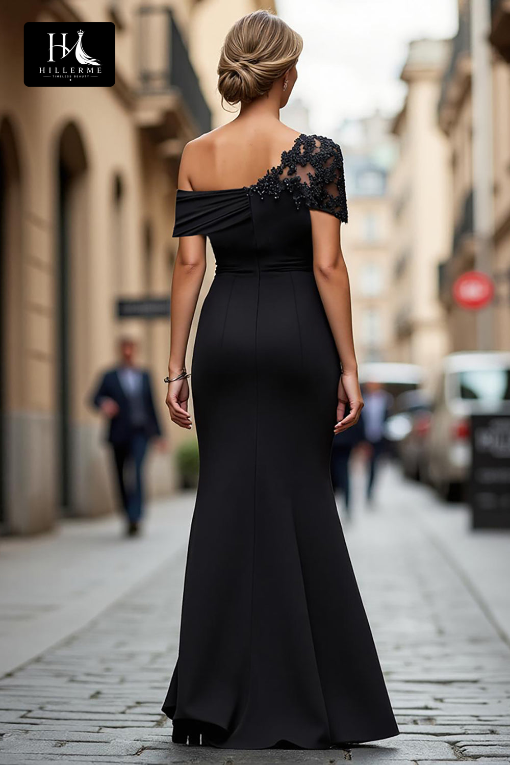Floor-Length Mermaid Mother of the Bride Dress with Asymmetrical Neckline and Beaded Satin Pleats