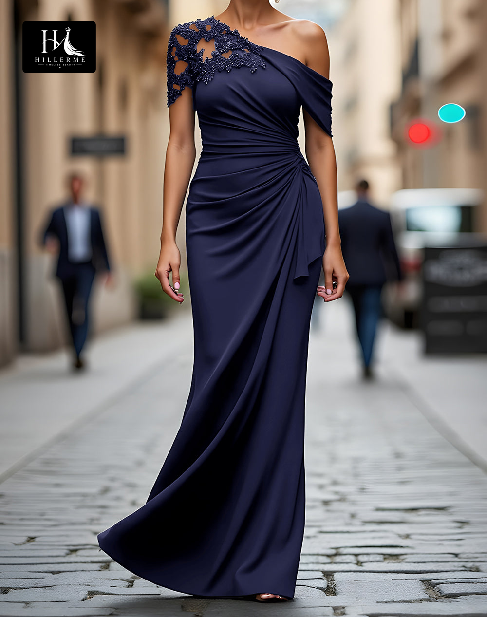 Floor-Length Mermaid Mother of the Bride Dress with Asymmetrical Neckline and Beaded Satin Pleats