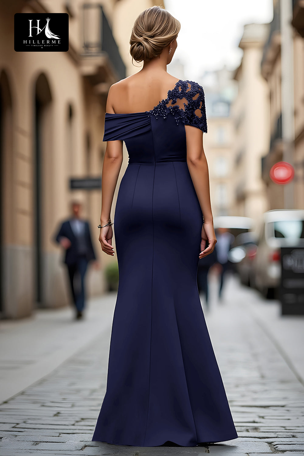 Floor-Length Mermaid Mother of the Bride Dress with Asymmetrical Neckline and Beaded Satin Pleats