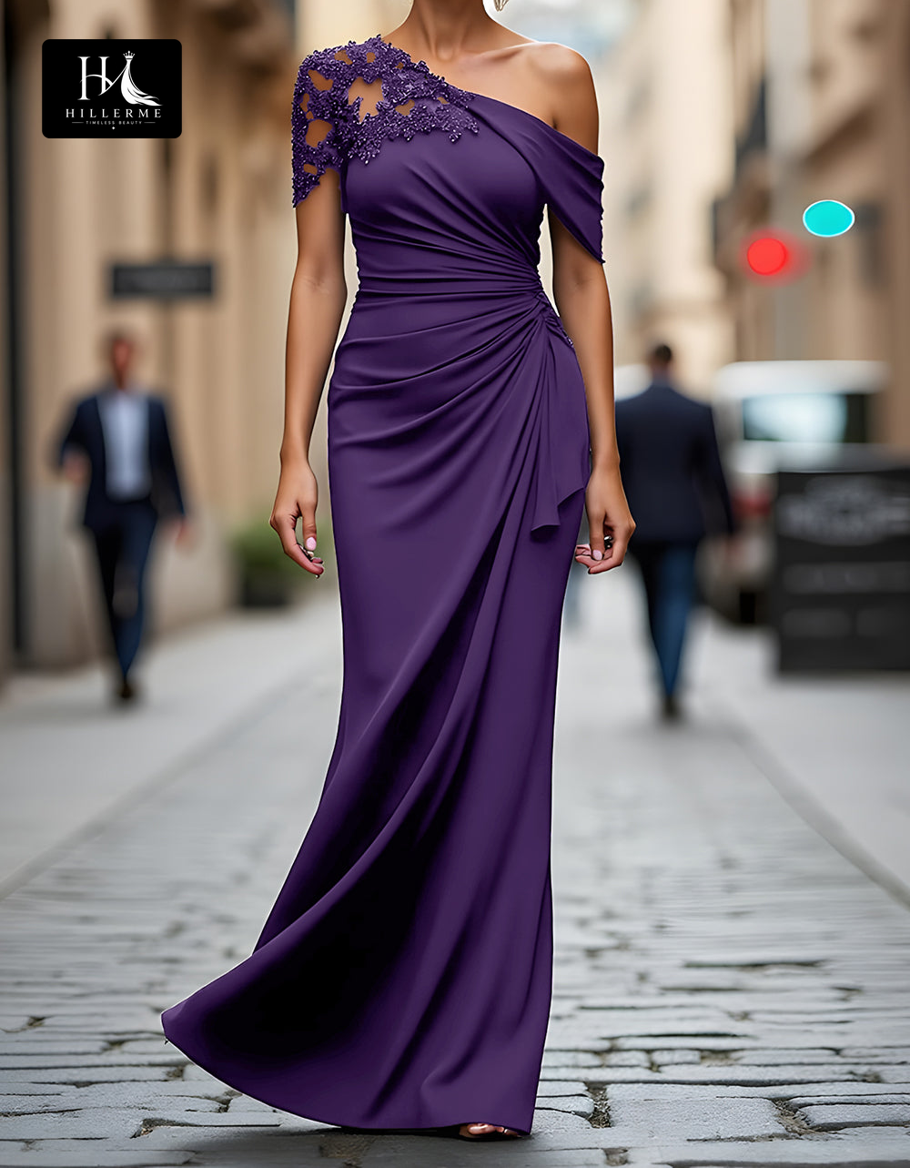 Floor-Length Mermaid Mother of the Bride Dress with Asymmetrical Neckline and Beaded Satin Pleats