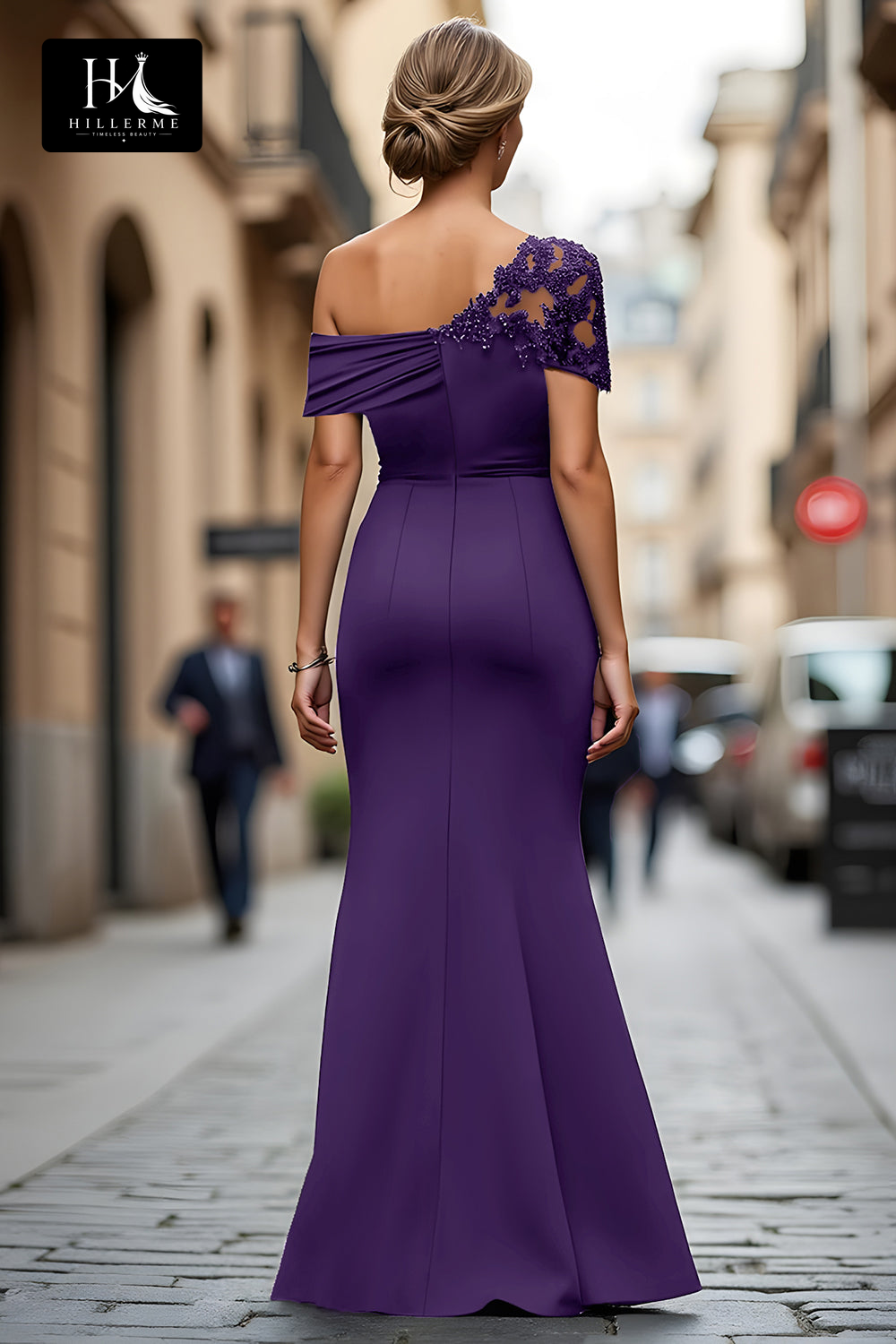 Floor-Length Mermaid Mother of the Bride Dress with Asymmetrical Neckline and Beaded Satin Pleats