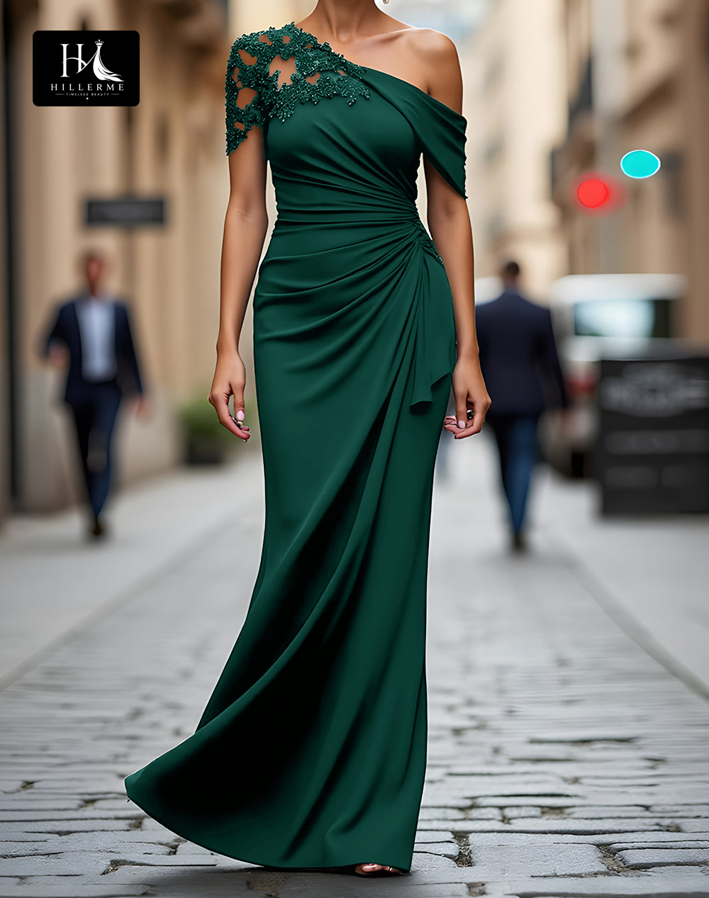 Floor-Length Mermaid Mother of the Bride Dress with Asymmetrical Neckline and Beaded Satin Pleats