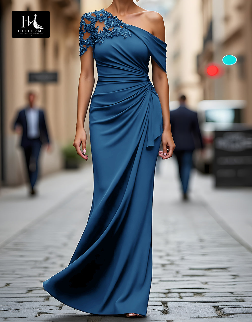 Floor-Length Mermaid Mother of the Bride Dress with Asymmetrical Neckline and Beaded Satin Pleats
