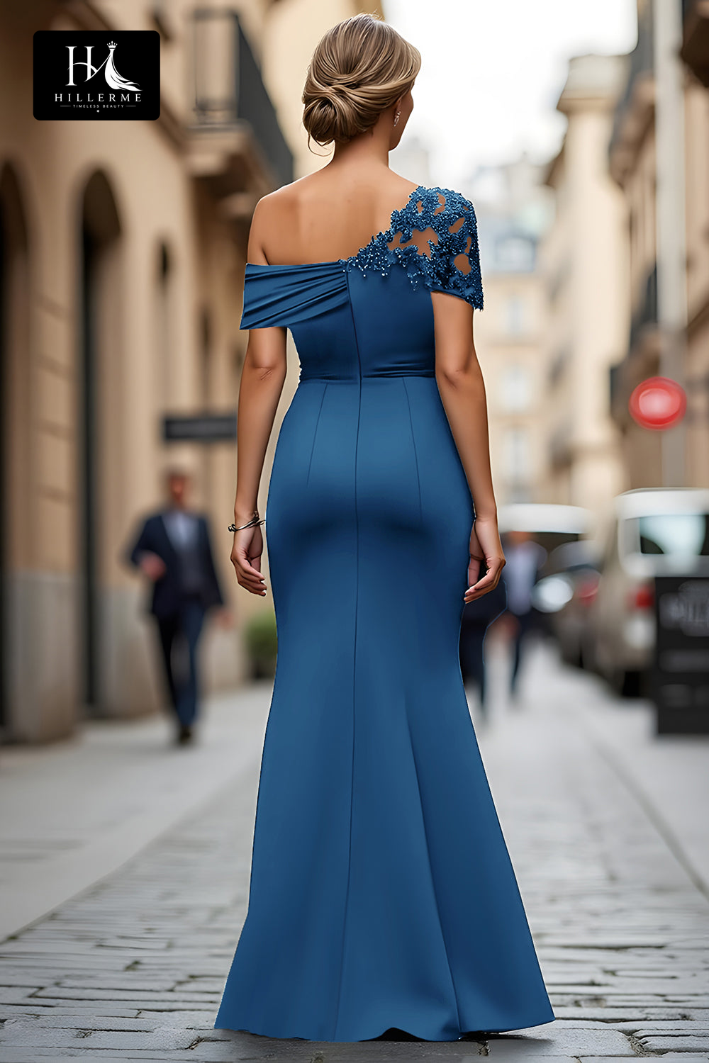 Floor-Length Mermaid Mother of the Bride Dress with Asymmetrical Neckline and Beaded Satin Pleats